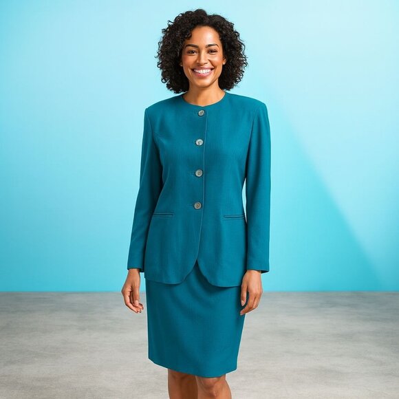 Sarah Alexander Teal Skirt Suit Set Size 4 6 Vintage Career Mod Retro Minimalist - Picture 5 of 12